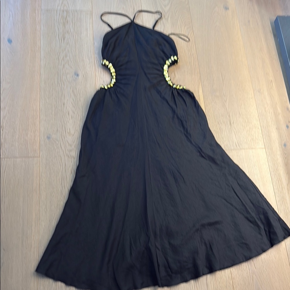 Black Backless Maxi Dress with Yellow Bead Accents